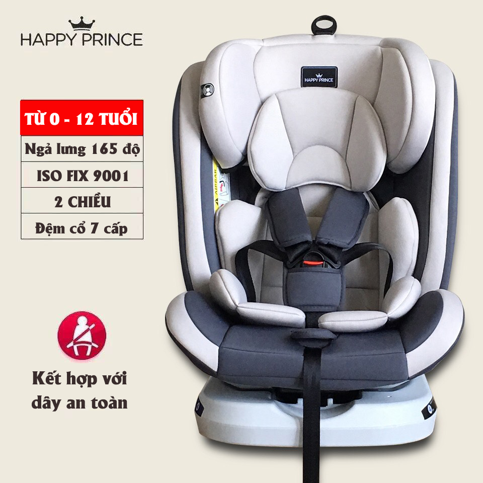 Ghế ô tô cho bé 2 chiều HAPPY PRINCE CHUẨN ISO 9001 chỉnh 4 tư thế từ nằm tới ngồi ngã 165 độ và độ cao 7 cấp cho bé từ 0-12 tuổi, chứng nhận 3C, ECE tiêu chuẩn Châu Âu