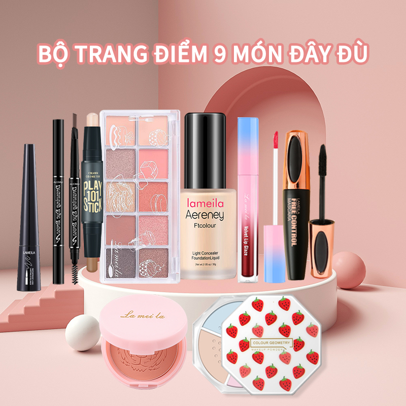 [HCM]Bộ trang điểm cá nhân LAMEILA 9 món tiện lợi Kem BB che khuyết điểm（kem nền） +Phấn phủ kiềm dầu+Phấn bảng mắt+Mascara+Chì kẻ mày+Bút dạ kẻ mắt+phấn má+Bút tạo khối+son lì