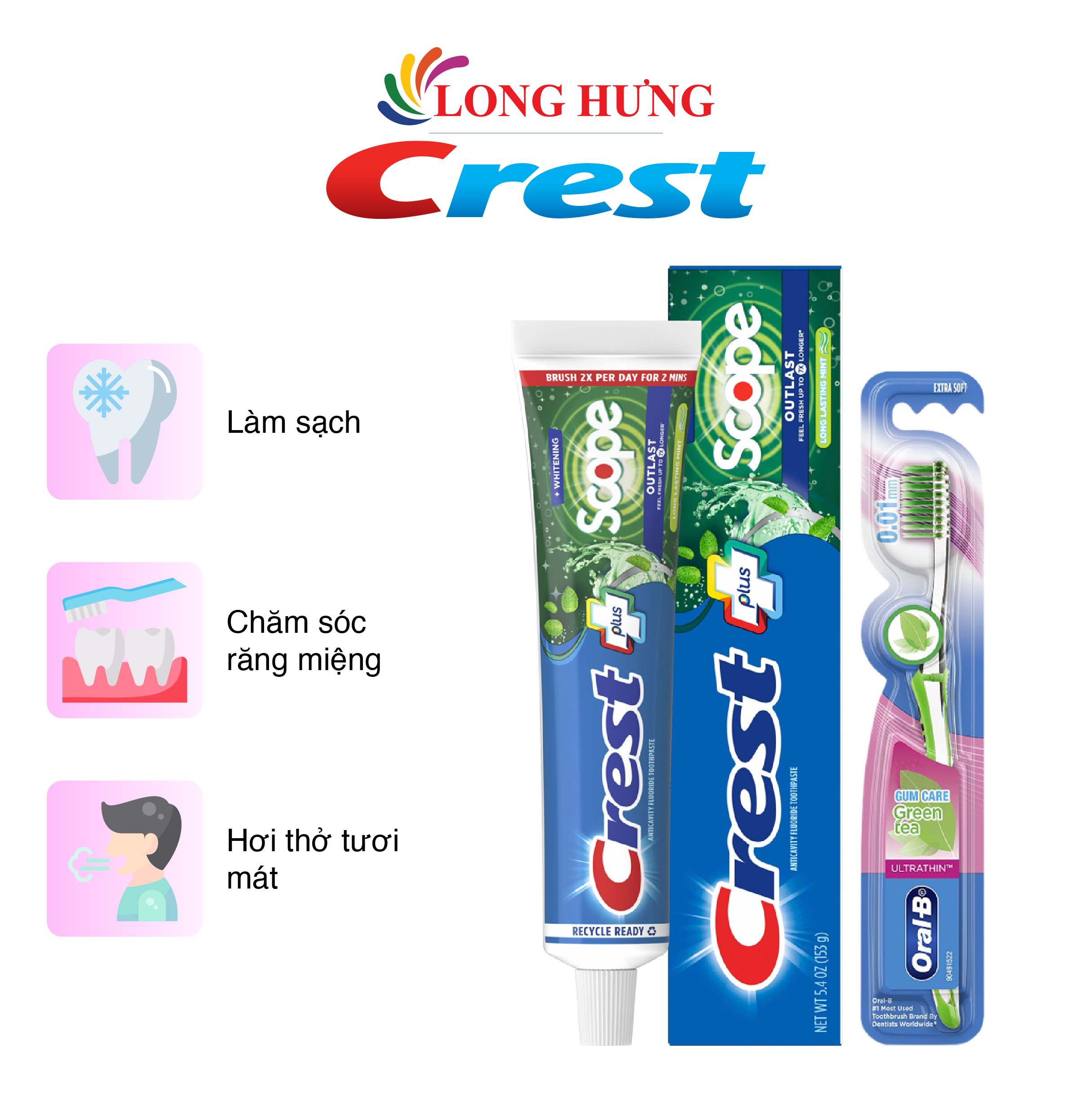 Combo Kem đánh răng Crest Plus (153g) - Scope + Bàn chải tay Oral-B Gumcare (Trà xanh)