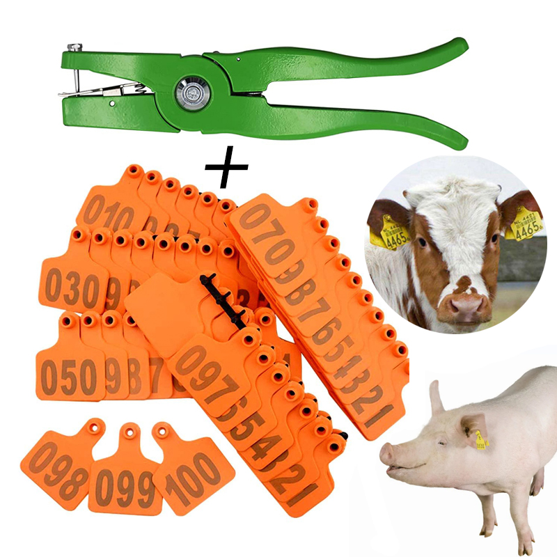 Combo 100pcs thẻ đeo tai cho heo, dê, cừu, bò và 1 kìm bấm thẻ tai, có khắc số 001-100, đánh dấu gia xúc