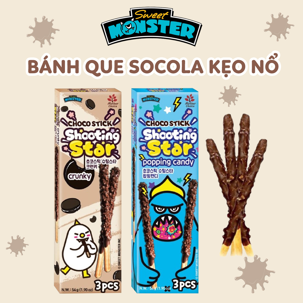 Bánh que socola bọc gạo giòn & kẹo nổ Sweet Monster, pocky choco sticks shooting star hộp 3 thanh 54g