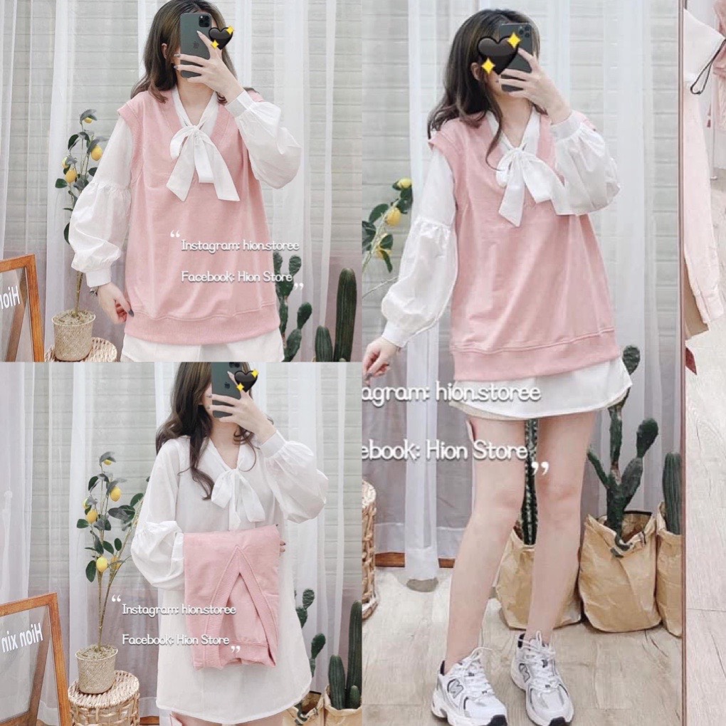 Sét áo sơ mi trắng dài tay kèm áo gile hồng, áo sơ mi nữ from rộng, áo sơ mi trắng unisex, áo sơ mi voan lụa cổ nơ, sét đầm sơ mi hàn quốc, tuệ lâm