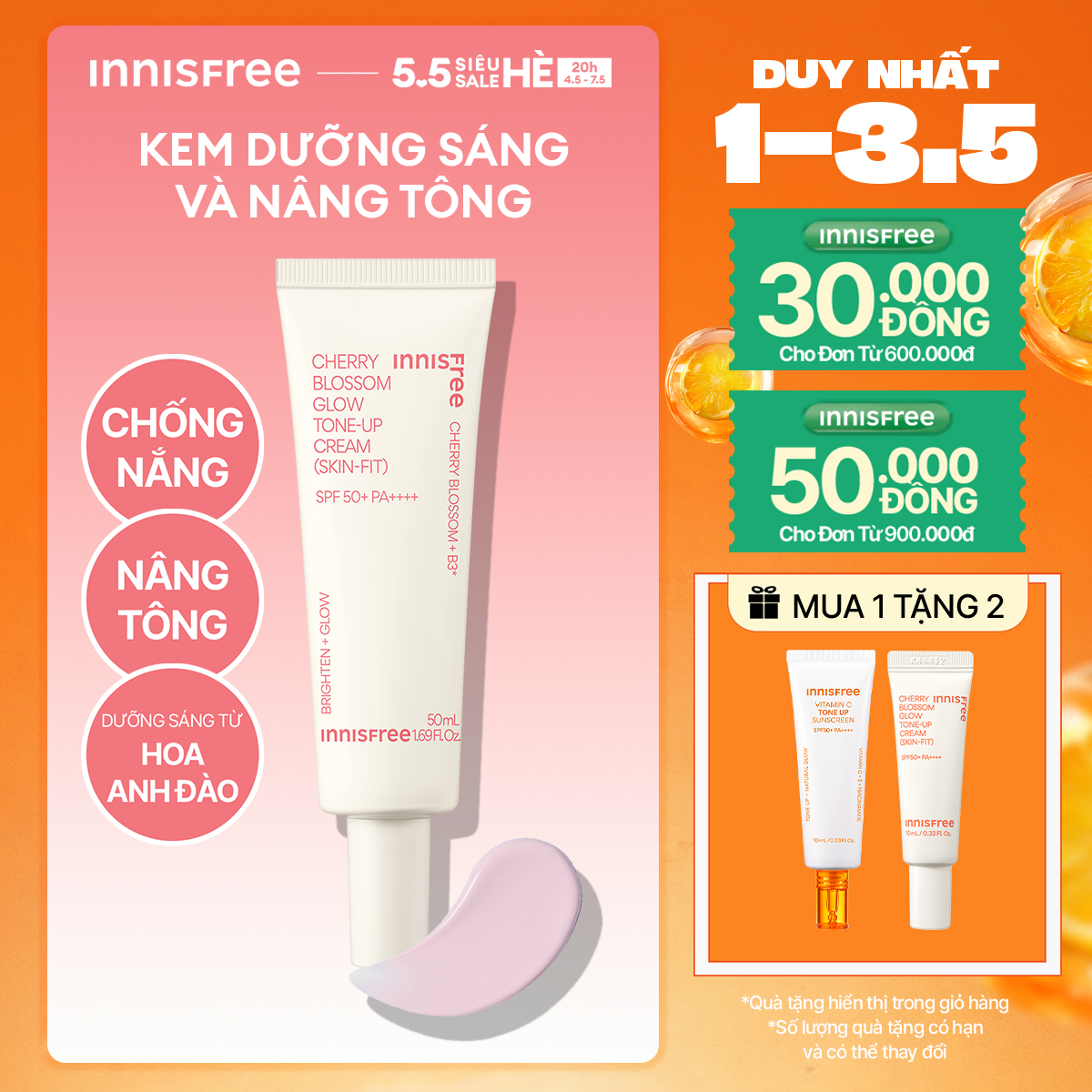 Kem dưỡng ẩm làm sáng chống nắng cho da INNISFREE Jeju Cherry Blossom Skin-Fit Tone-Up Cream SPF 50+PA++++ 50ml