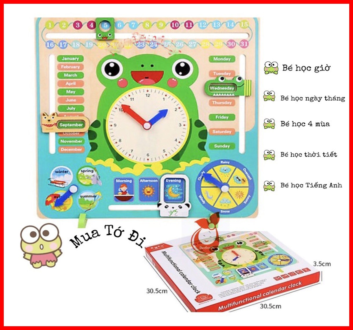 Đồng Hồ Gỗ Hình Con Ếch Đa Năng 7 in 1, Đồ chơi Gỗ Đồng hồ và Lịch kỹ thuật số hình chú ếch xanh đa chức năng