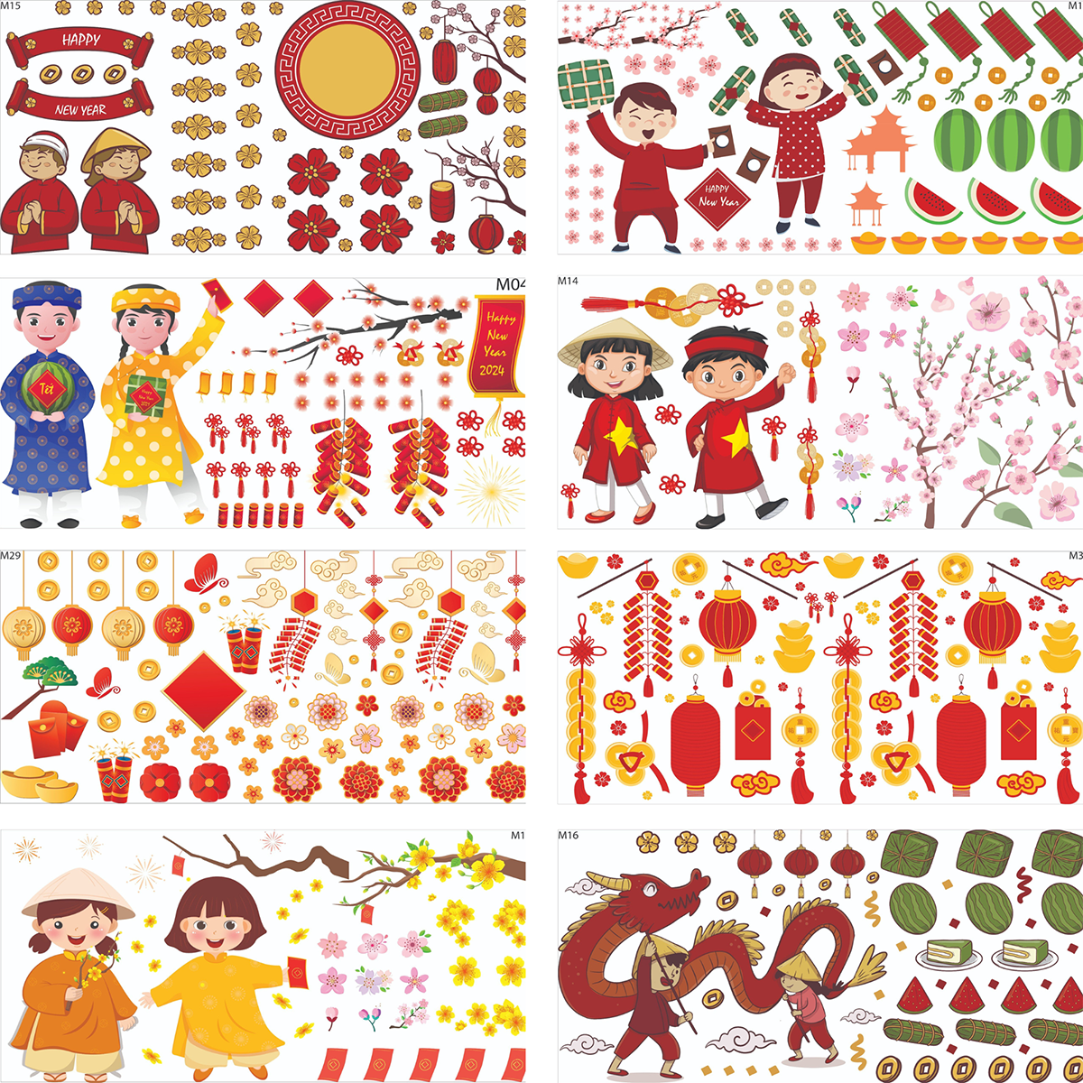 Decal tết 2024 dán kính, dán tường - decal trang trí tết dày dặn, size lớn - viet decor