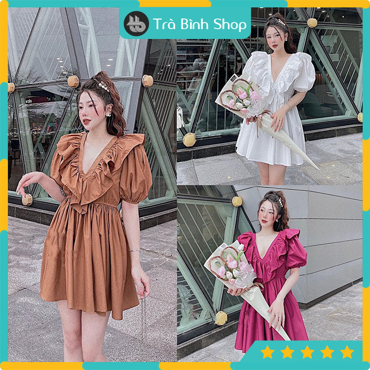 Đầm xòe cổ v bèo tay bồng Váy babydoll thắt nơ phía sau dạo phố siêu xinh