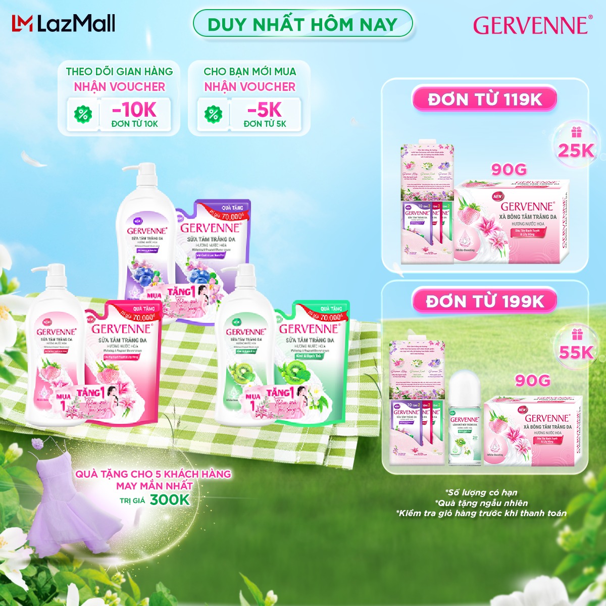 Sữa tắm gervenne dâu tây và lily hồng/kiwi & bạch trà/việt quất & lan nam phi 1.2l + tặng túi sữa tắm 600g
