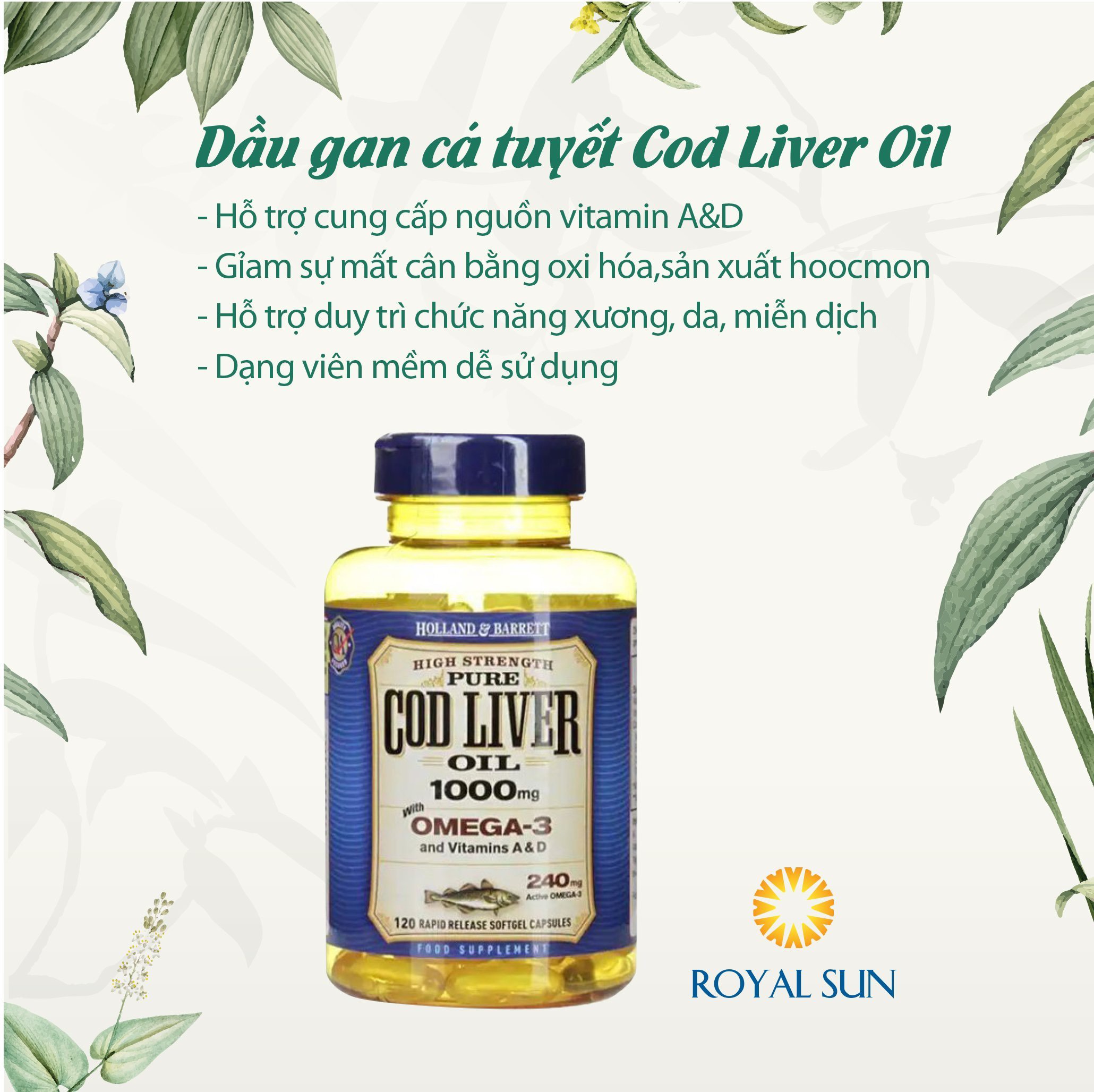 Viên uống dầu gan cá tuyết bổ sung Omega Holland & Barrett Cod Liver Oil 1000mg 120 viên