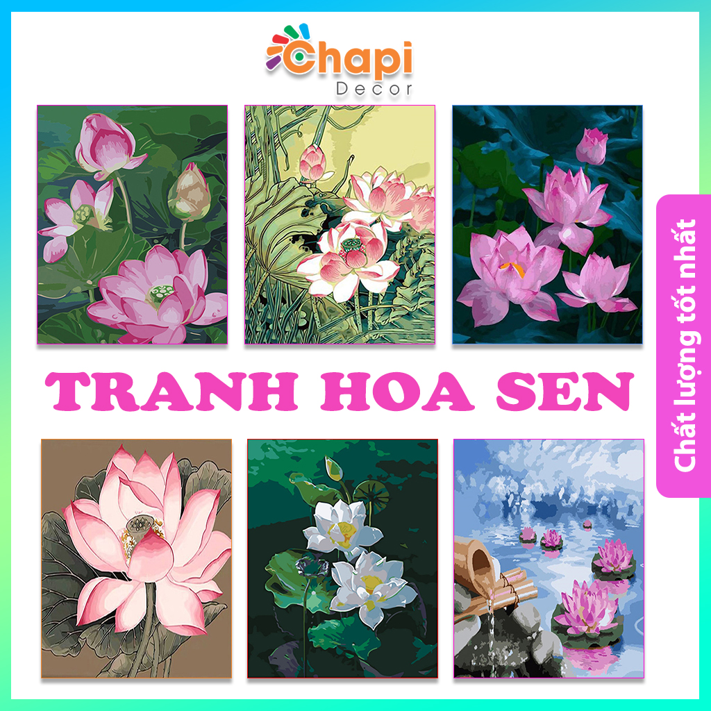 Tranh tô màu số hóa Chapi Hoa Sen KT 40x50cm đã căng khung, Có dầu bóng| Chapi Decor