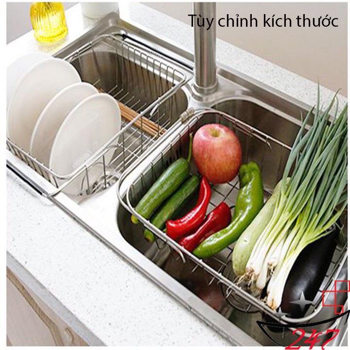 Khay Inox gác lên bồn rửa chén size lớn tùy chỉnh kích thước tiện lợi gọn gàng đựng đĩa chén trái cây