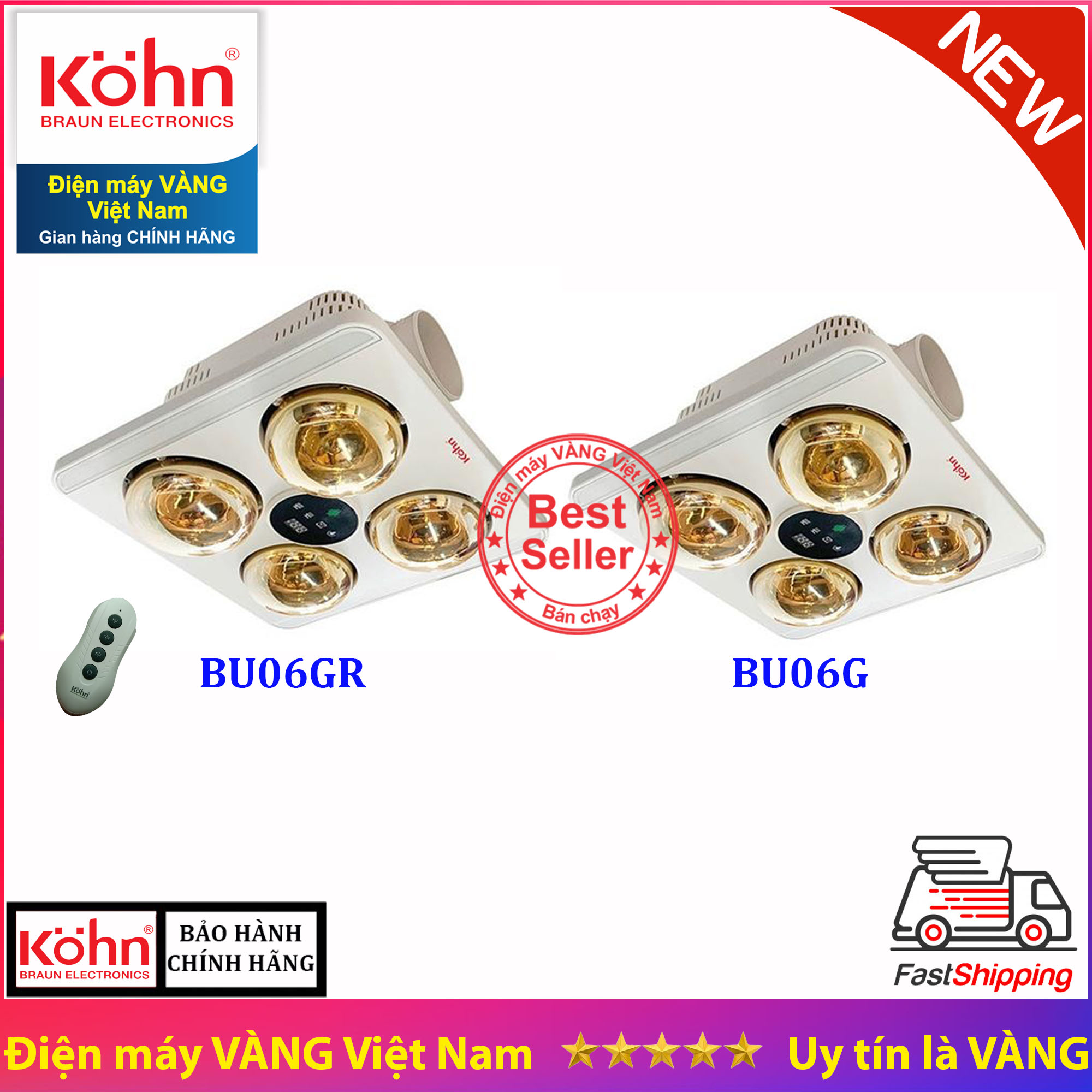 Đèn sưởi nhà tắm âm trần 4 bóng Braun Kohn BU04G BU04GR và BU06G BU06GR