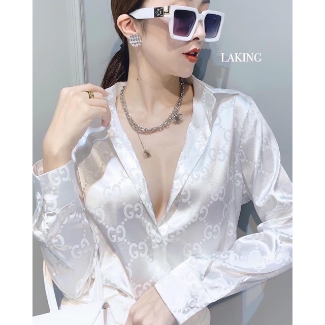 Áo sơ mi lụa in vân chìm nữ a467