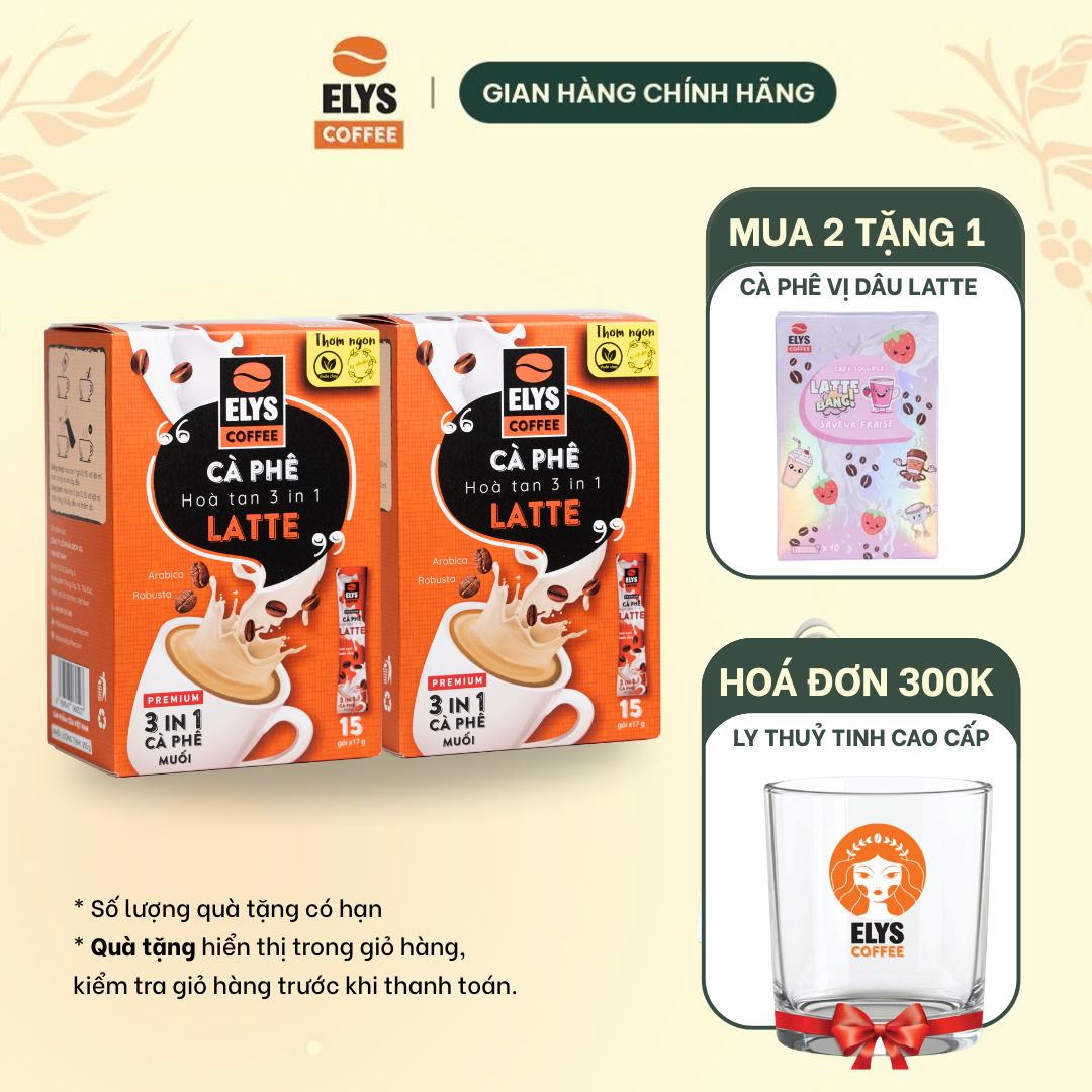|Tặng 1 Hộp Elys Coffe Latte Dâu| Elys Coffee - Combo 2 Hộp Cà Phê Hòa Tan Latte vị Muối 3in1 | Hộp 255g x 15 túi