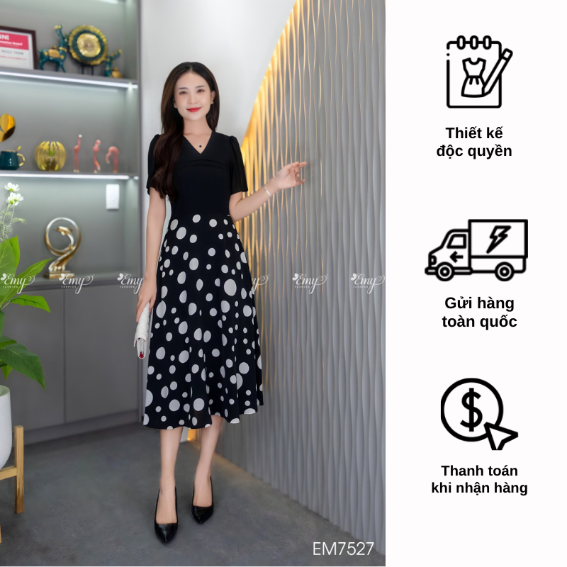 Đầm EMY EM7527 Xoè Chân Váy Chấm Bi