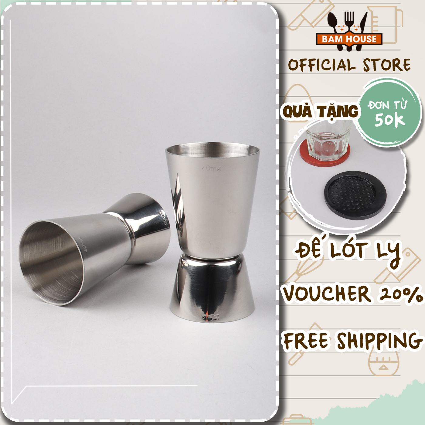 Ly đong định lượng pha chế 2 đầu Bam House loại lớn 40ml inox 304 cao cấp LD01 – Gia dụng bếp