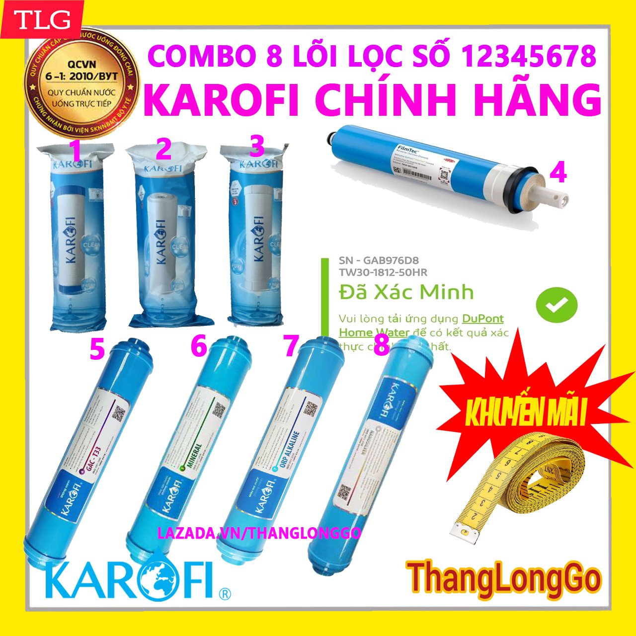 COMBO 8 LÕI LỌC NƯỚC KAROFI SỐ 1-2-3-4-5-6-7-8  DÀNH CHO MÁY LỌC NƯỚC KAROFI 8 CẤP LỌC