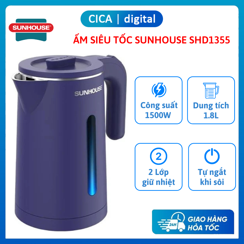 Ấm siêu tốc, bình đun siêu tốc inox 2 lớp 1.8l sunhouse shd1355, công suất 1500w, dung tích 1,8l, 2 lớp cách nhiệt chống bỏng, bảo hành 24 tháng