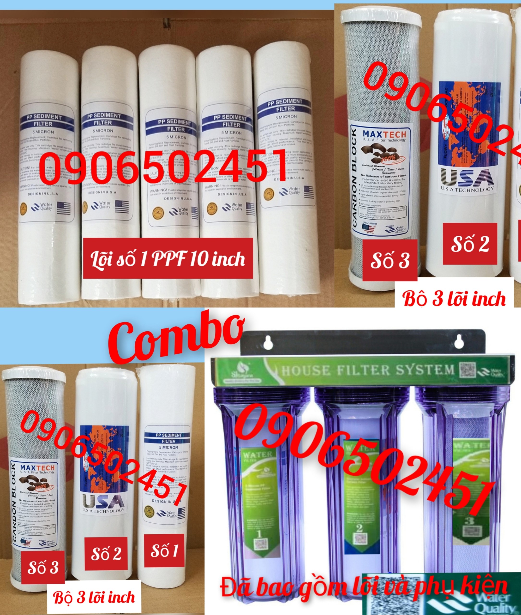 [HCM]COMBO Bộ lọc nước sinh hoạt gia đình 3 cấp ly 10 inch + 10 lõi ( gồm 6 lõi 1 + 2 lõi số 2+ 2 lõi số 3)