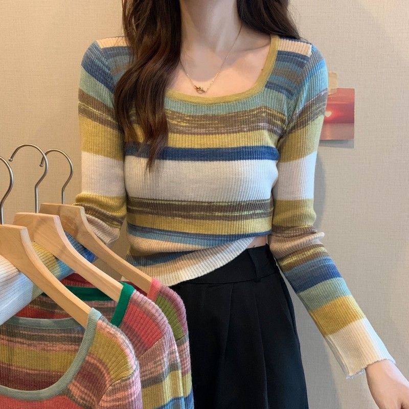 jieping Rainbow striped longsleeved knitted shirt coat for women