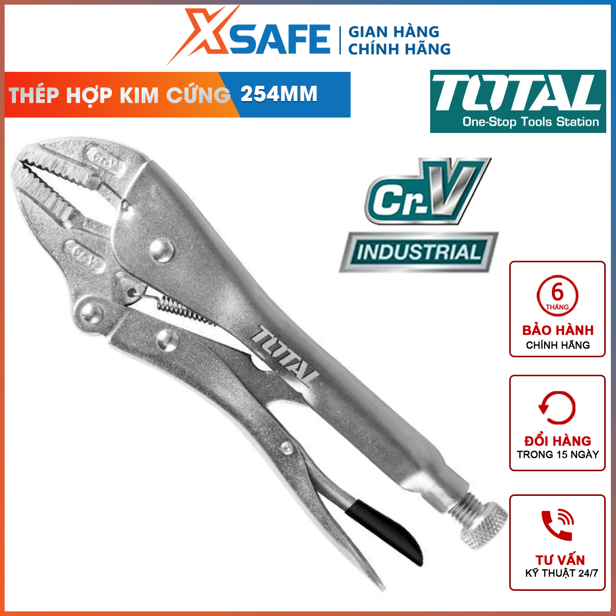 Kìm bấm chết mũi dài TOTAL THT191005 kềm bấm hàm thắng Kích cỡ 254mm (10''), Quy cách 9, Độ mở tối đa 65mm, chất liệu thép carbon mạ lớp niken kẹp hoặc giữ chặt vật, vặn đai ốc hay xiết bu long