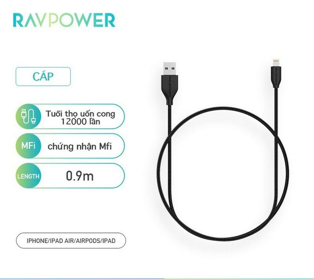 Cáp sạc nhanh usb to lightning ravpower rp-cb019 - 2.4a - mfi - kelvar - nylon - hàng chính hãng - mới 100% nguyên hộp
