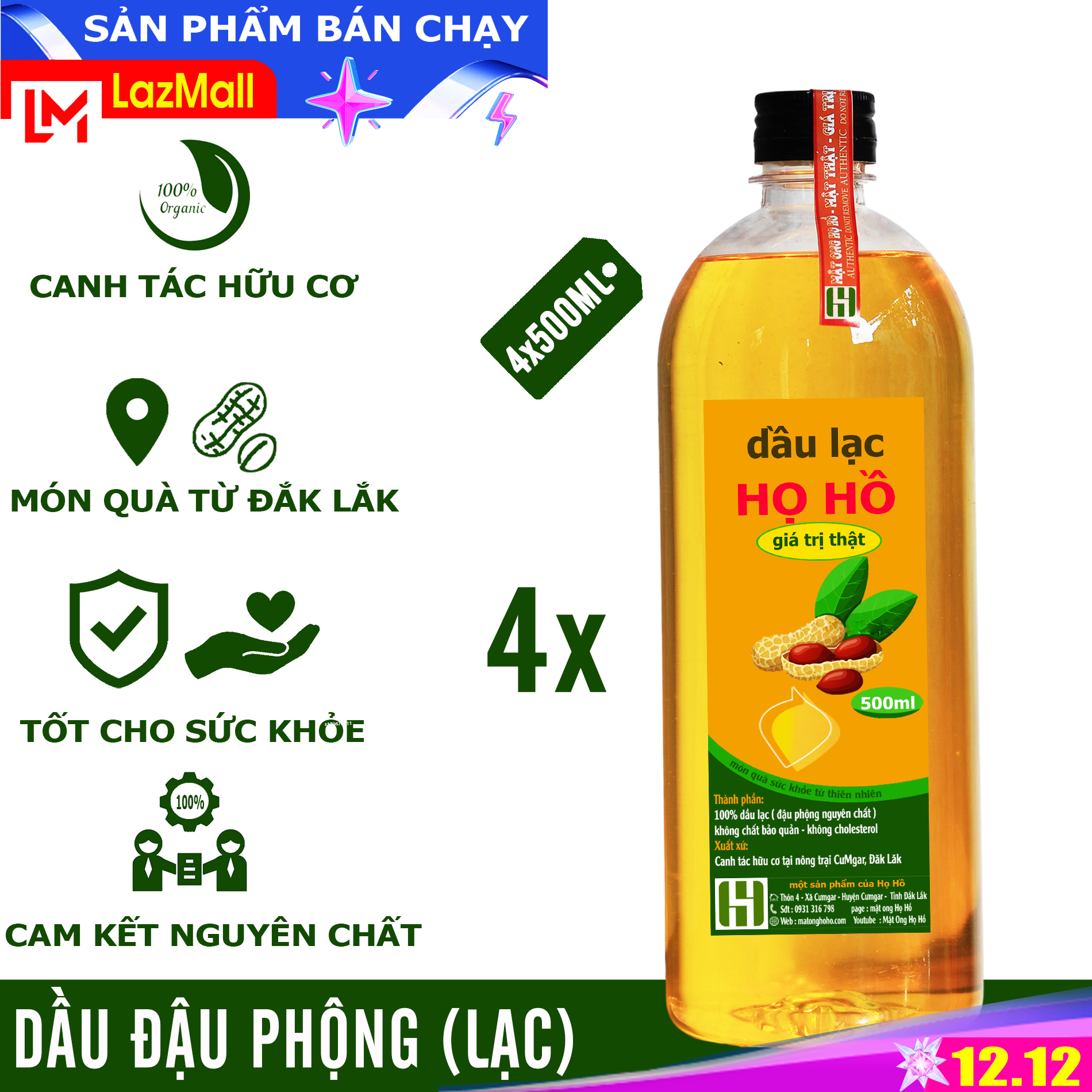 [Dầu ăn cho sức khỏe] 2 lít dầu đậu phộng nguyên chất 100% sản phẩm thật canh tác hữu cơ - giá trị thật (4 chai 500ml) - Dầu Lạc HỌ HỒ