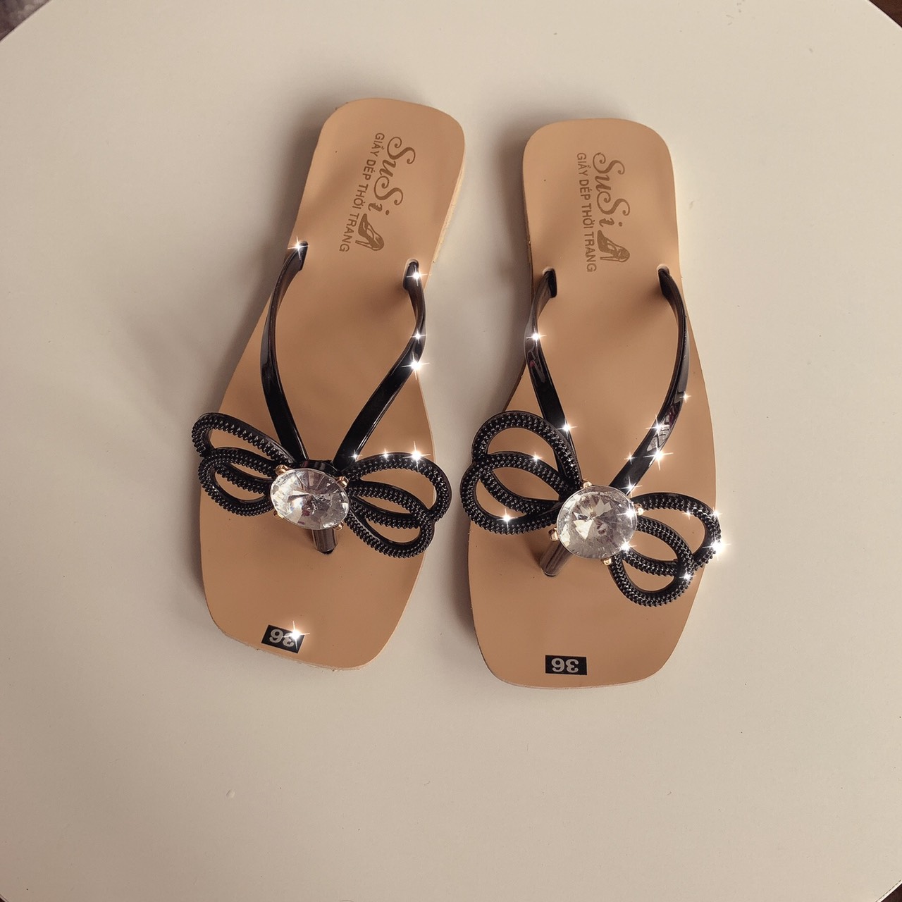 dép xỏ ngón nữ nơ dây hạt đá to chiếu lung linh cute