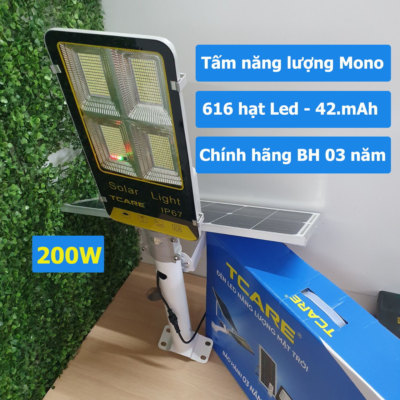 Đèn đường bàn chải LED năng lượng mặt trời 200W TCARE 616 led, 42000mAh, Tấm Mono