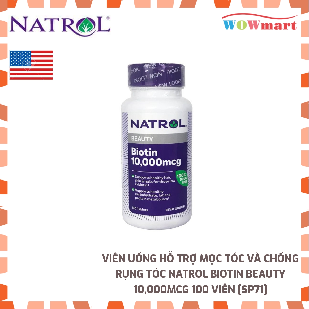 [HCM]Viên uống hỗ trợ mọc tóc và chống rụng tóc Natrol Biotin Beauty 10000mcg 100 viên