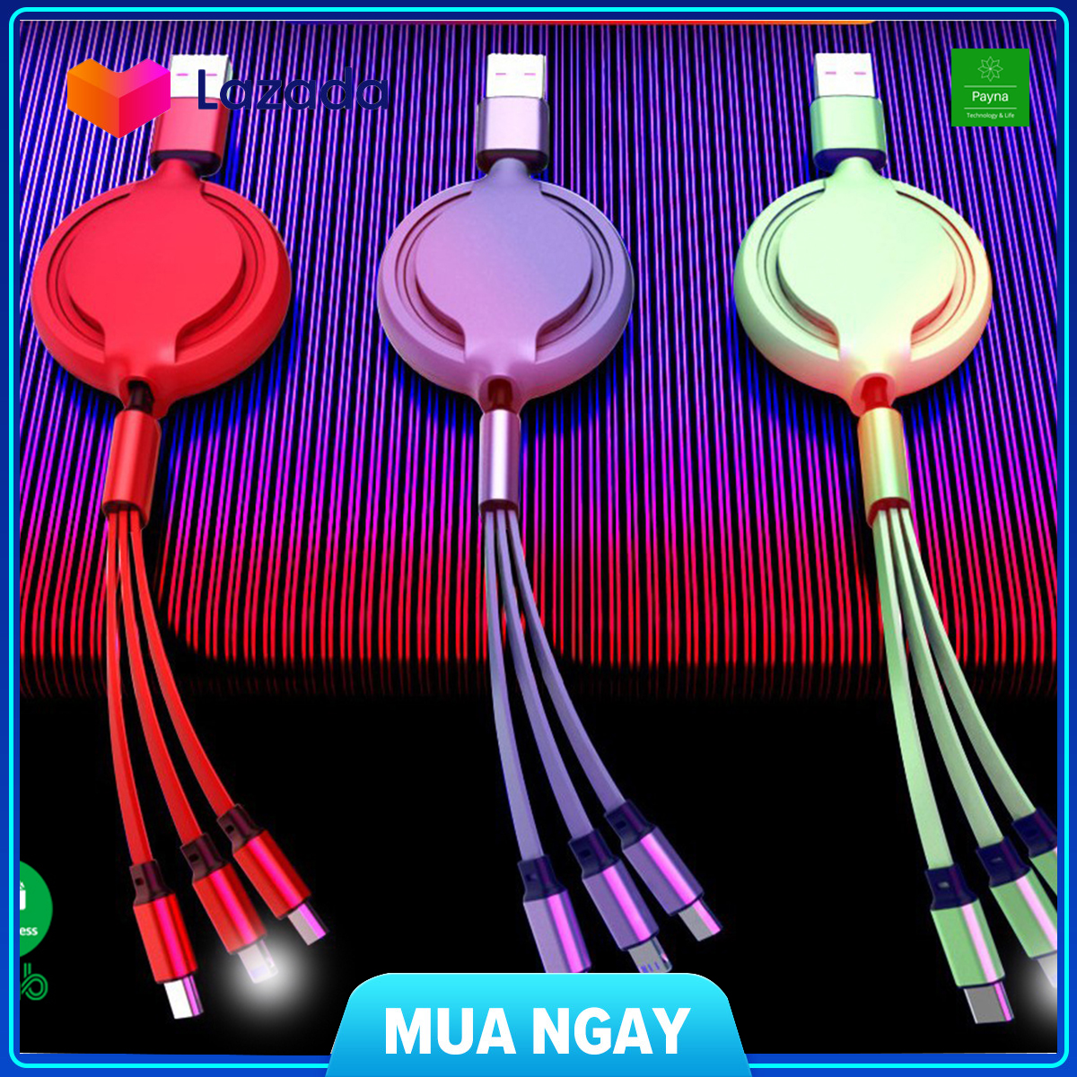 Cáp Đa Năng 3 Đầu Sạc Dây Rút YT 3 In 1 Sạc Nhanh 3A Micro USB Type-C và lightning Siêu Bền Gọn Nhẹ Tiện Lợi