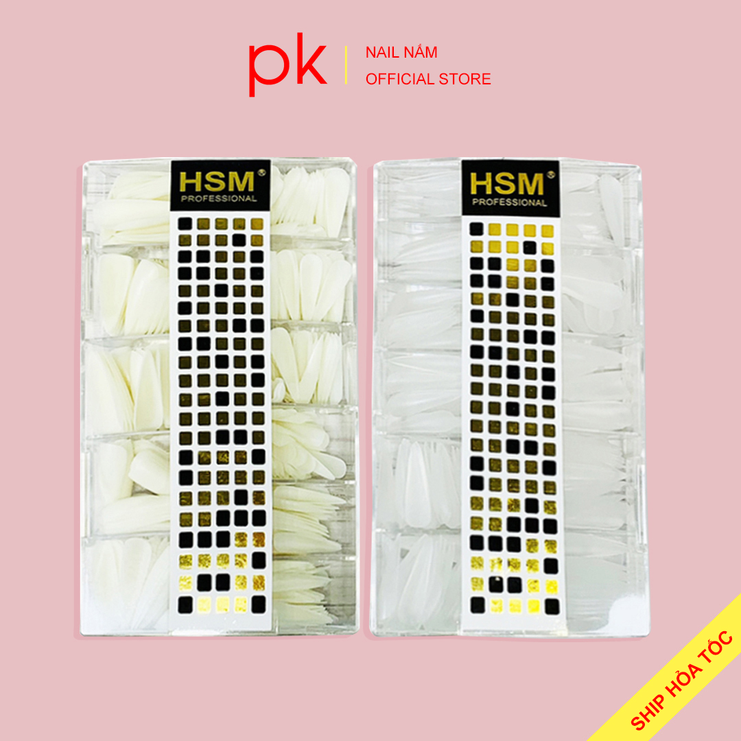 Móng úp nhọn dài nhám sẵn HSM hộp móng đủ size từ 0-9 không cần phao nhám bề mặt ( tem vàng đen)