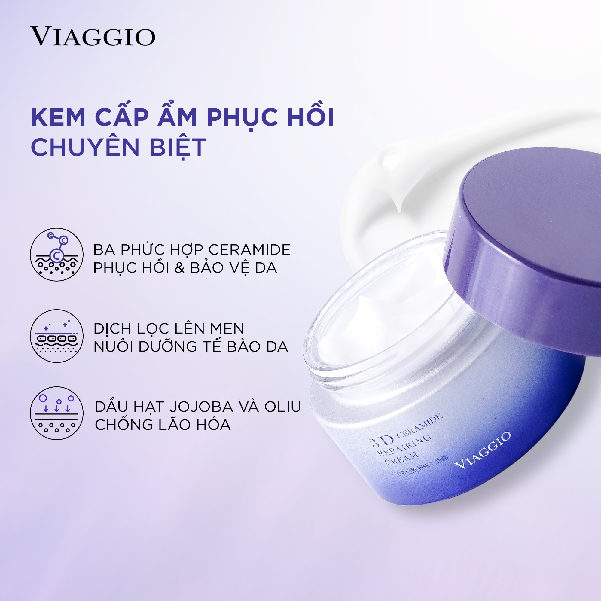 Kem dưỡng phục hồi chuyên sâu ceramide làm dịu da dưỡng ẩm viaggio 3d ceramide repairing cream 50g