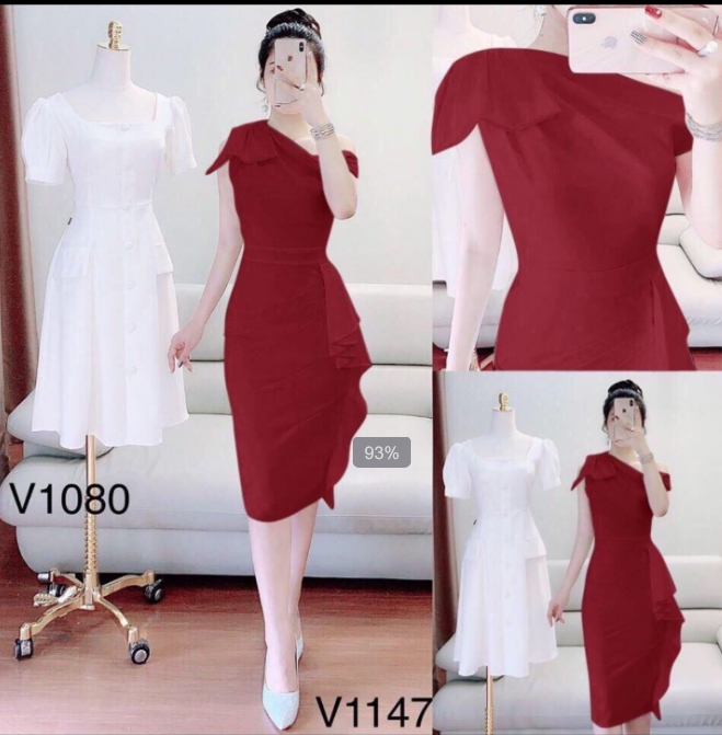 Đầm nơ bẹt vai bèo eo-QH