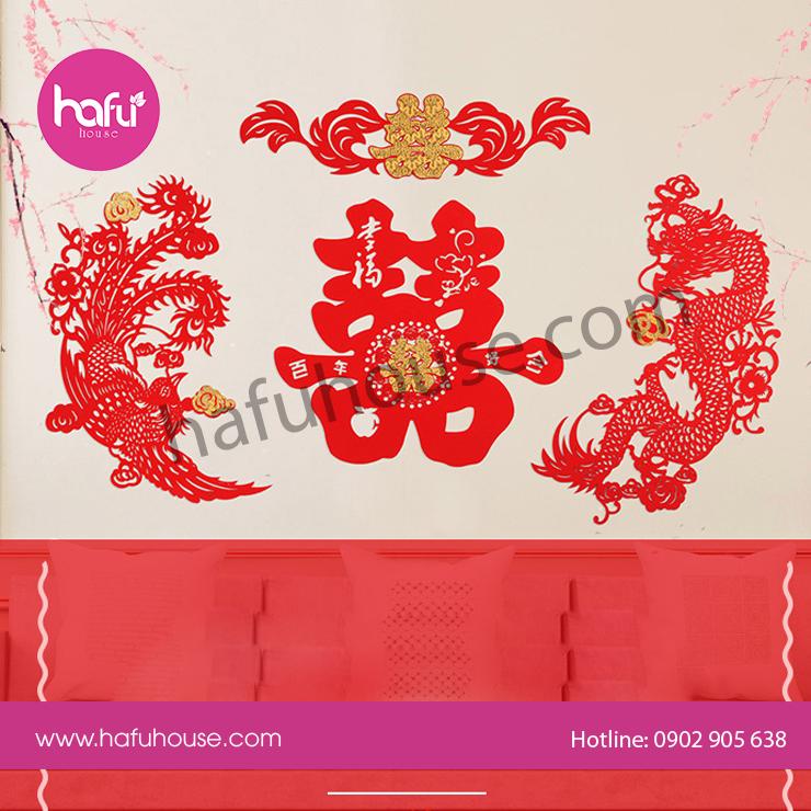 SET NỈ RỒNG PHỤNG DÁN TƯỜNG KÍNH TRANG TRÍ ĐÁM CƯỚI HAFU HOUSE - TẶNG KÈM 20 MIẾNG DÁN TRÒN 2 MẶT