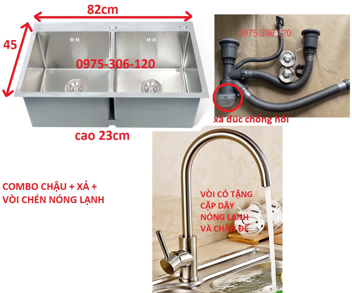 Chậu đúc combo chậu rửa chén bát inox 304 n5 8245 na.grand và xả chậu thoát nước và vòi rửa chén nóng lạnh bồn rửa chén inox