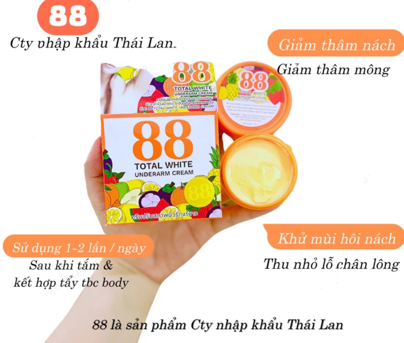 Kem giảm thâm Nách và khử mùi hôi nách 88 Total White Underarm Cream Thái Lan (35g) Giảm thâm bẹn Gối Khửa Tay