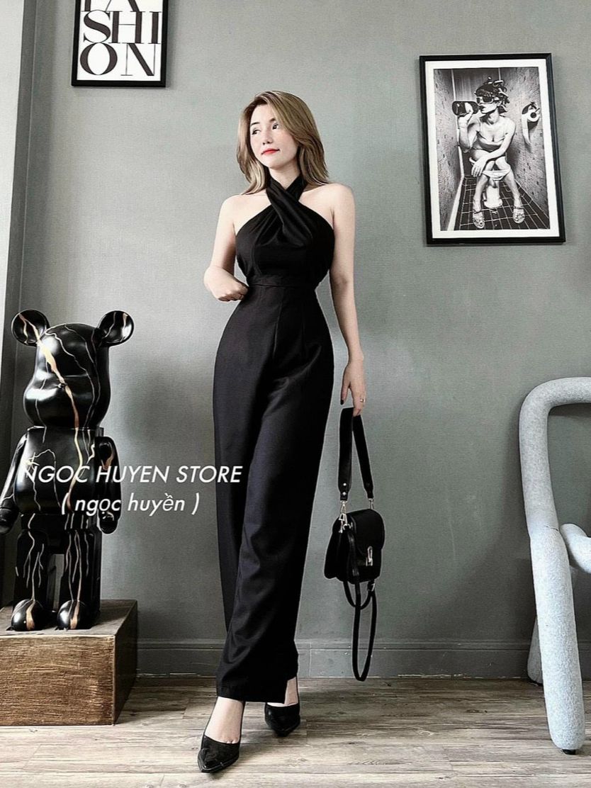 Jum nữ cotton lạnh có mút cổ yếm - jum đi tiệc quần ống rộng màu đen - jum nữ sang chảnh tôn dáng