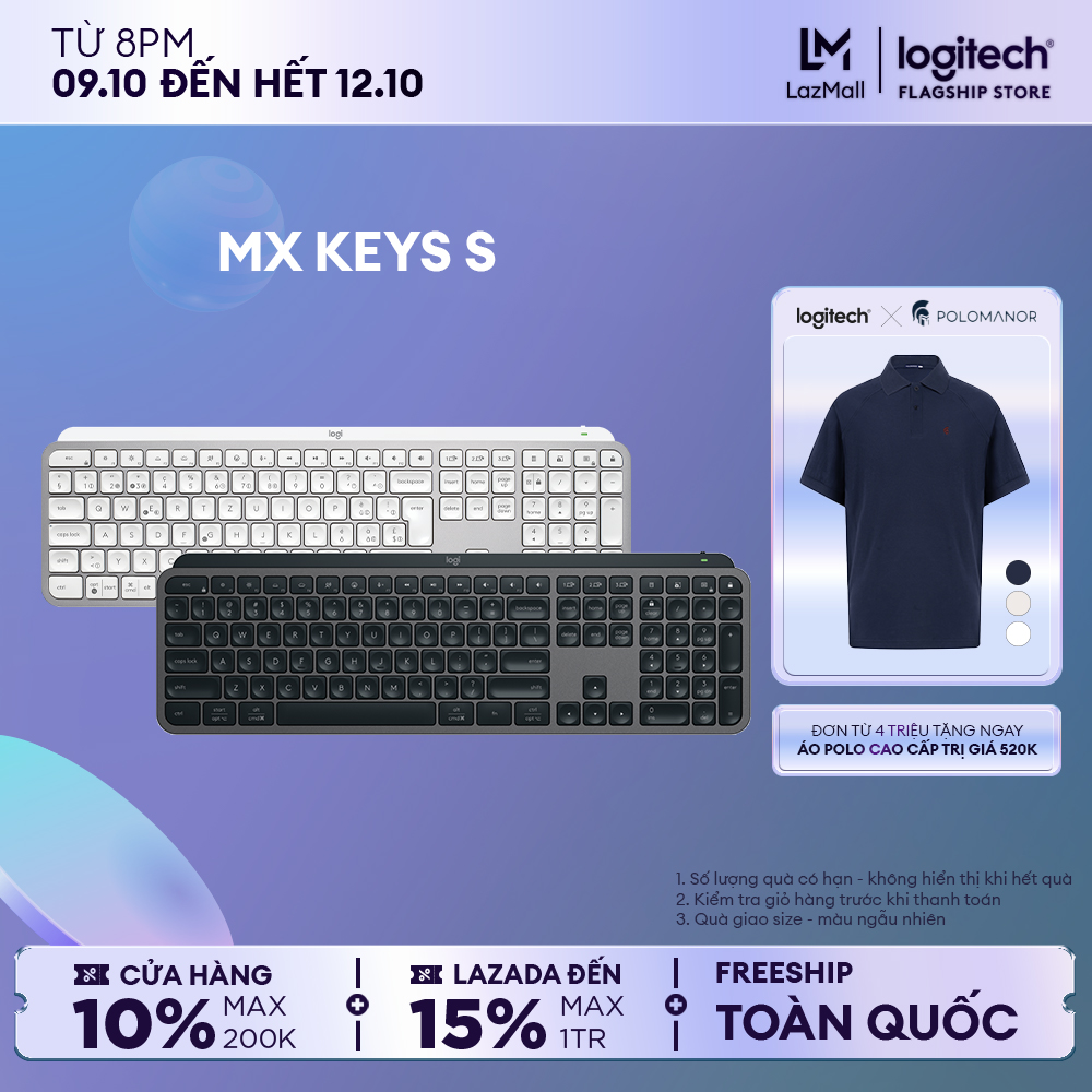 Bàn phím Bluetooth không dây Logitech MX Keys S, Low Profile gõ yên tĩnh chính xác mượt mà, phím có thể lập trình, Đèn nền chiếu sáng thông minh, Bluetooth, sạc cổng USB C, dành cho Mac, Windows, Linux, Chrome