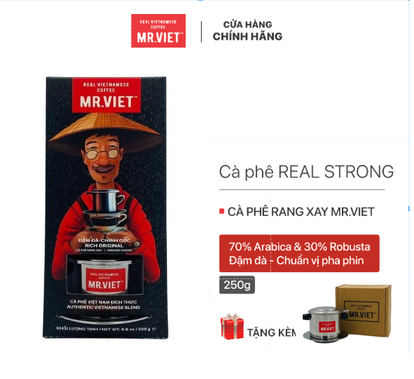Cà phê MR.VIET Real - Strong - Orginal - Cà Phê Rang Xay 250g (MR.VIET Coffee Real - Strong - Original - Ground Coffee 250g)