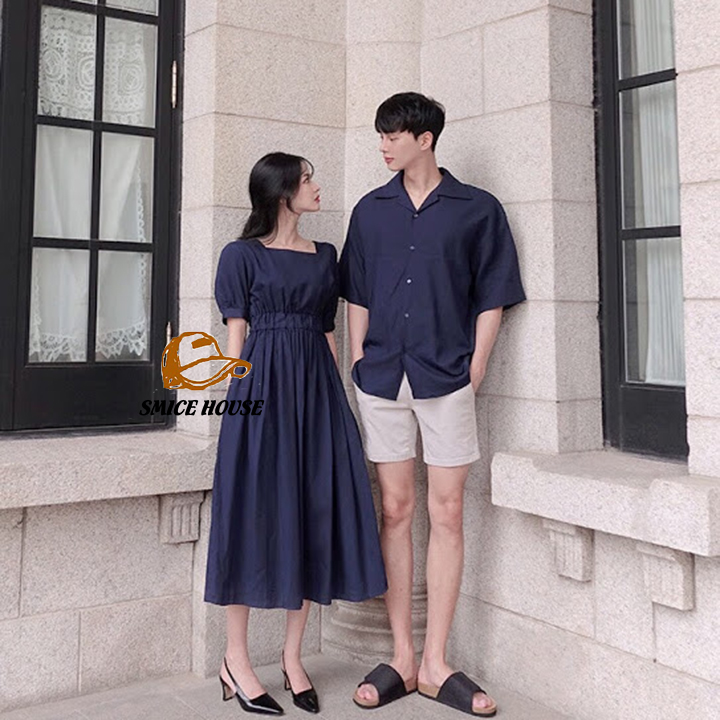 [HCM]SET ĐỒ ĐÔI NAM NỮ ÁO CẶP SƠ MI ĐẦM MAXI XÒE PHONG CÁCH THỜI TRANG HÀN QUỐC MÀU XANH ĐEN