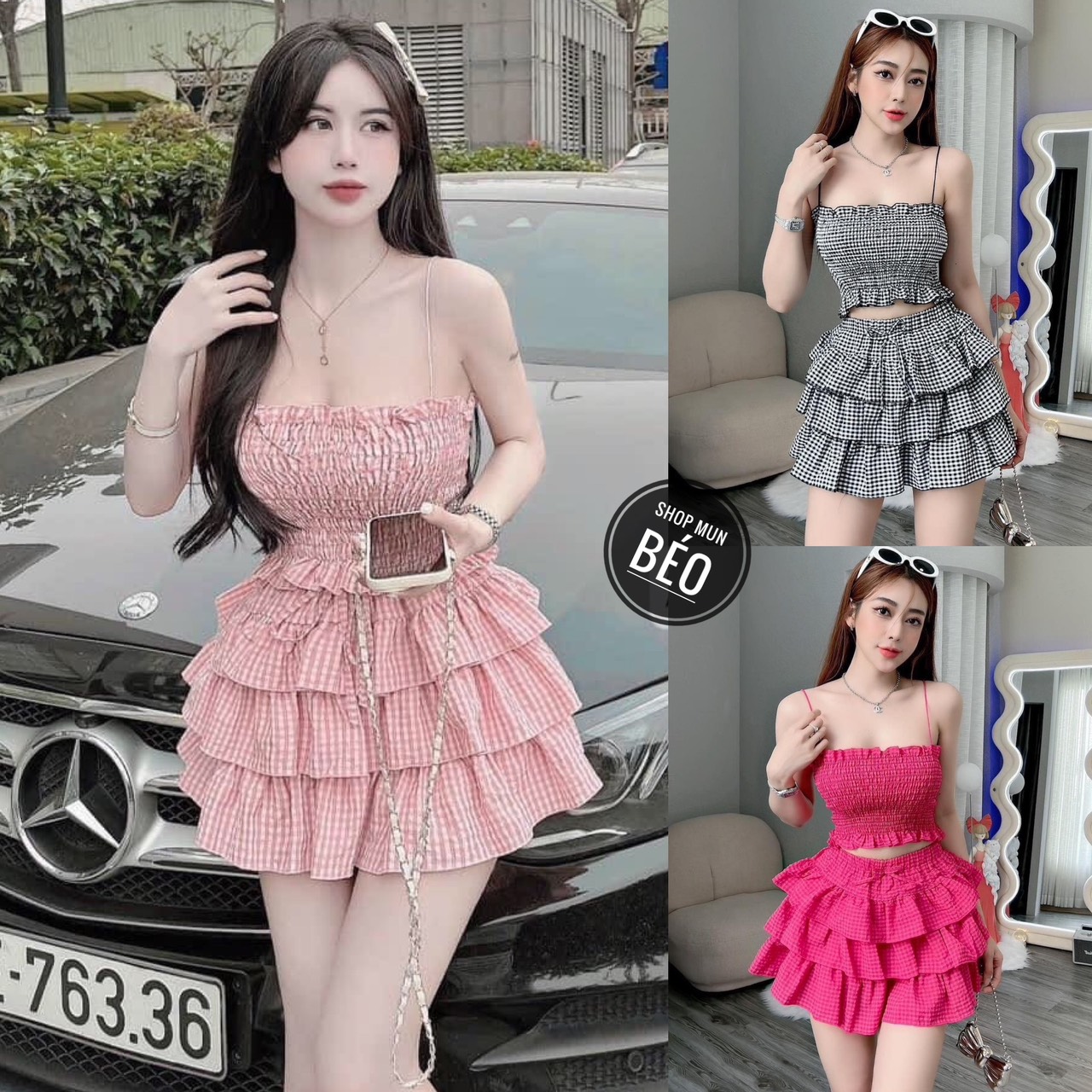 Set áo nhún 2 dây kèm chân váy tầng chất thun xốp thích hợp mặc đi làm đi chơi đi tiệc phụ hợp mọi phong cách