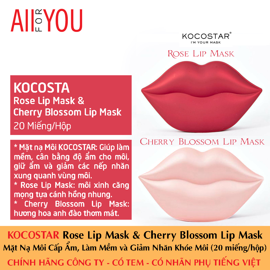 Kocostar rose lip mask & cherry blossom lip mask - mặt nạ môi hoa hồng & hoa anh đào.