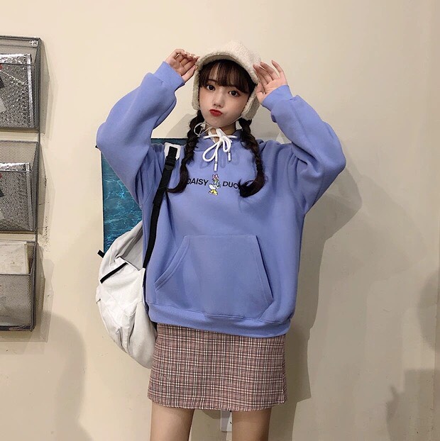 ÁO HOODIE NỮ FORM RỘNG PHỐI MŨ IN HÌNH VỊT DONAL CHẤT LIỆU VẢI NỈ CAO CẤP