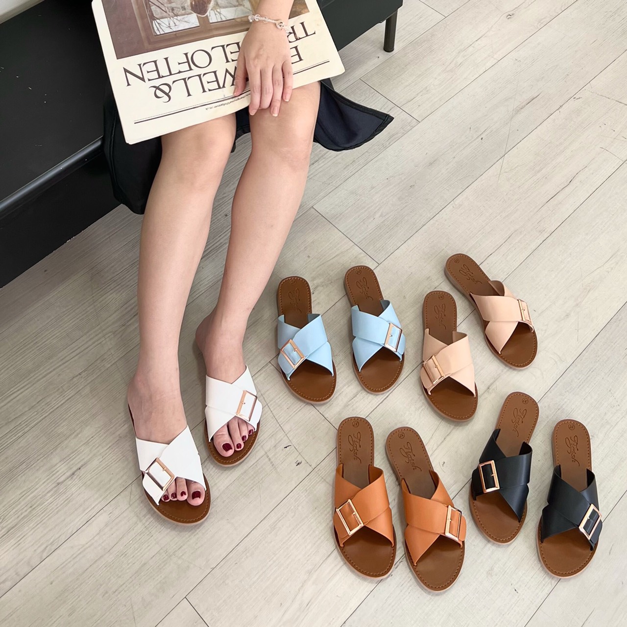 Dép nữ thời trang đế bằng quai ngang đan chéo nhiều màu