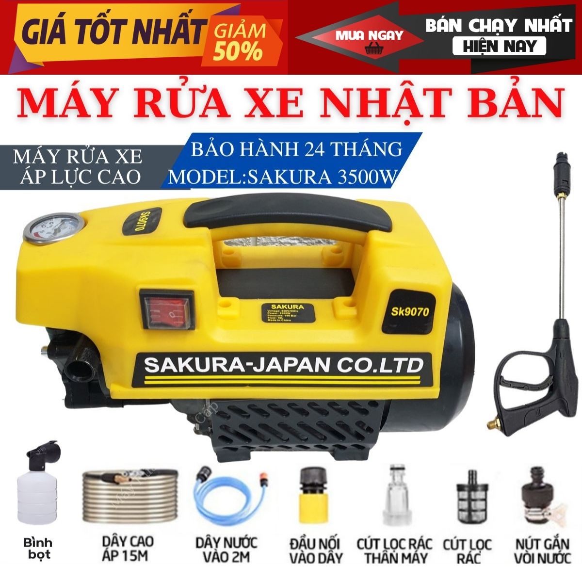 Máy rửa xe Sakura 3500W Lõi đồng 100