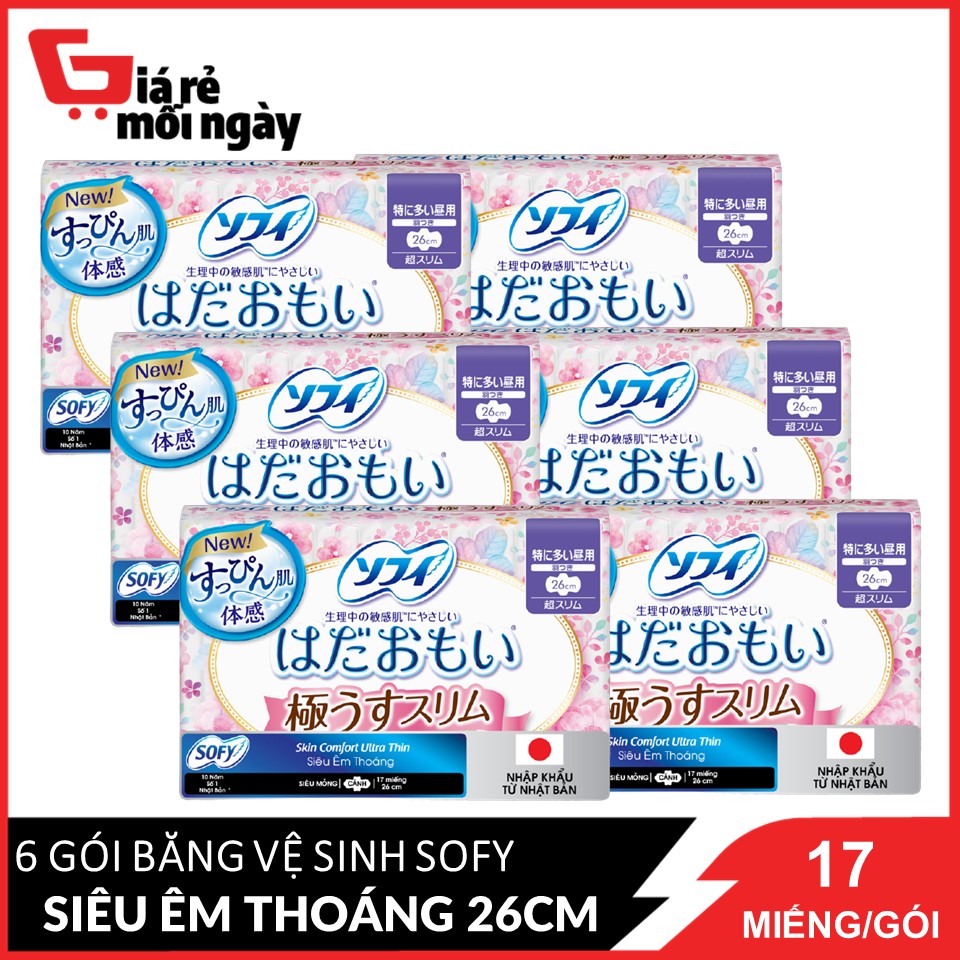 Combo 6 Băng Vệ Sinh Sofy Skin Comfort Ultra Thin 26cm Siêu Êm Thoáng Siêu Mỏng Cánh 17 Miếngx6