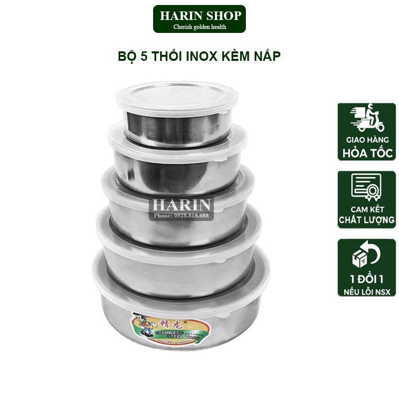 Bộ 5 Thố Inox - Bộ Bát Inox Cao Cấp Có Nắp Đậy Bảo Quản Đồ Ăn, Thực Phẩm Sạch Sẽ Tiện Lợi HARIN
