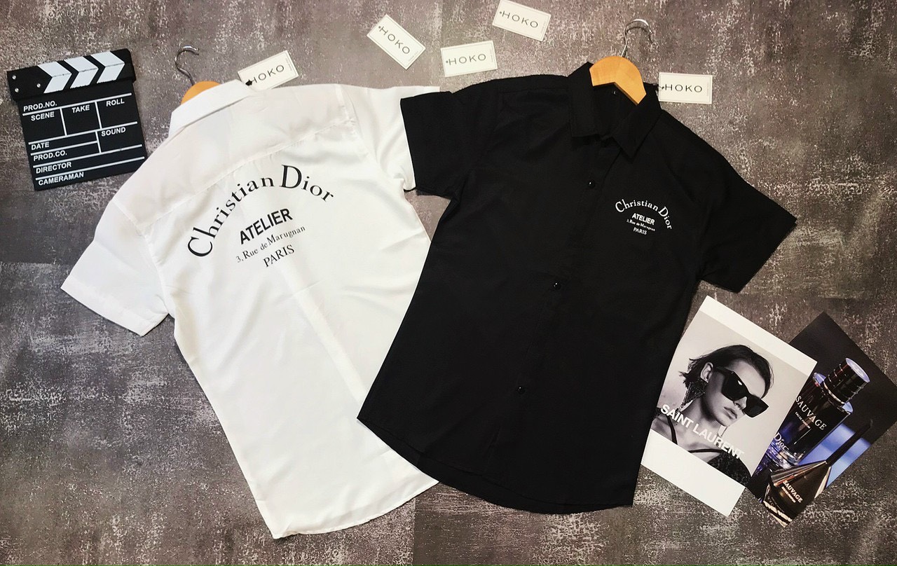 Áo sơ mi nam cao cấp sơ mi lụa ngắn tay in chữ DIO trước sau phối chuẩn đẹp hàng chất lượng vải mềm mịn thấm hút mồ hôi như hình