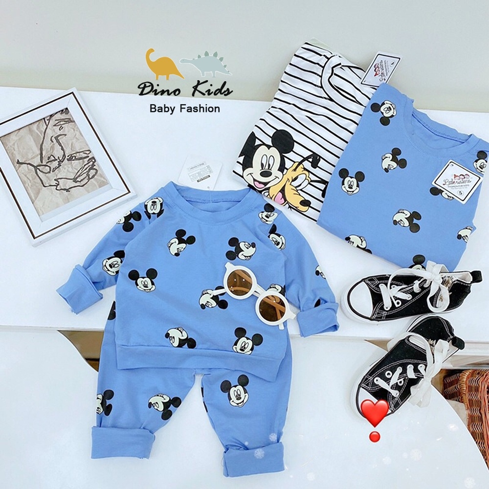 HOT SALE Bộ thu đông in hình Mickey cho bé trai Cặp bộ Mickey- chó kẻ xanh cho bé