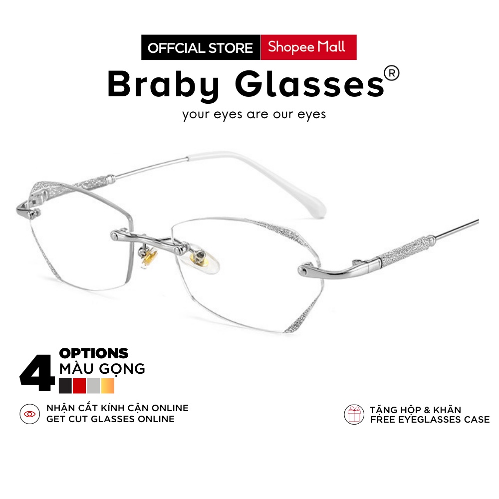 Gọng kính cận mắt mèo kim loại không viền Braby Glasses thời trang nữ sang trọng MK86